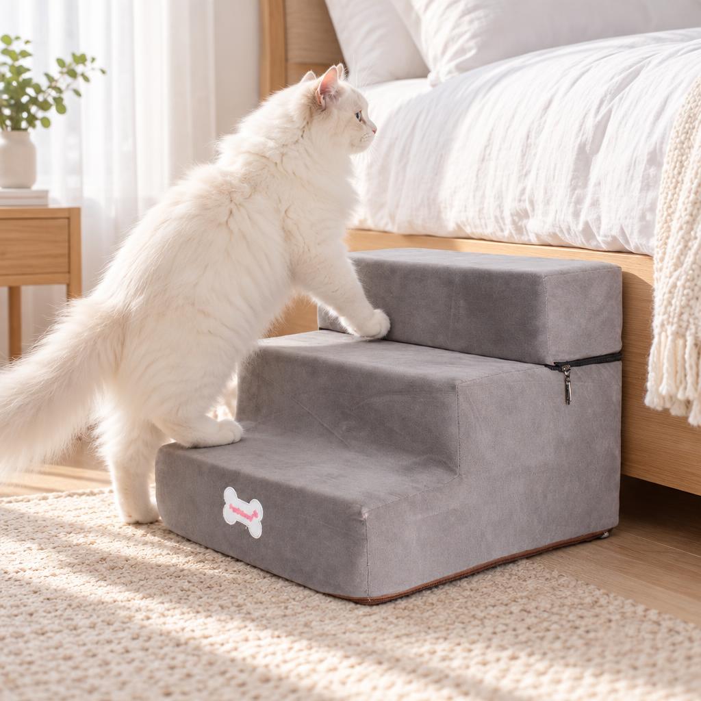 Cat stepping up the pet stairs to a bed