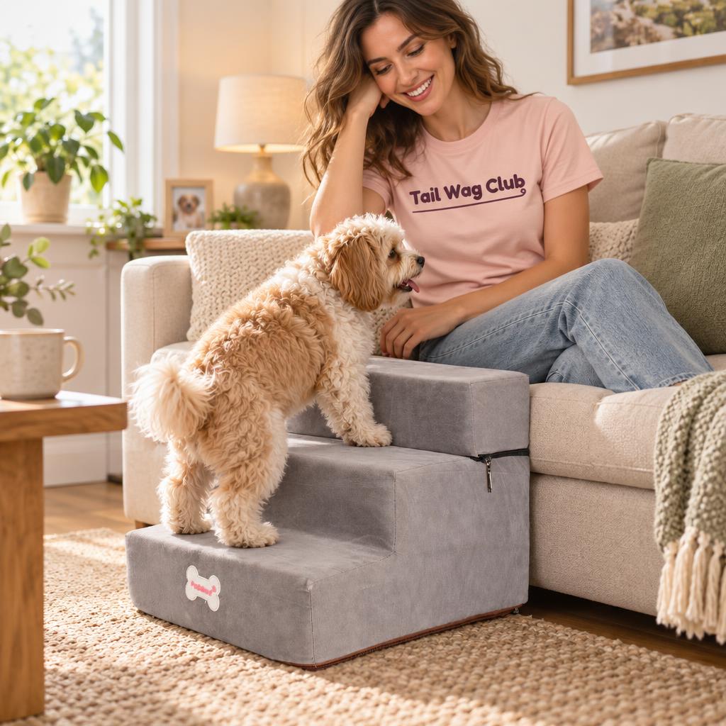 Woman in a Tail Wag Club t-shirt with her dog on the pet stairs