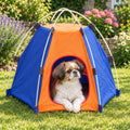 Small dog resting in the foldable pet tent in a garden