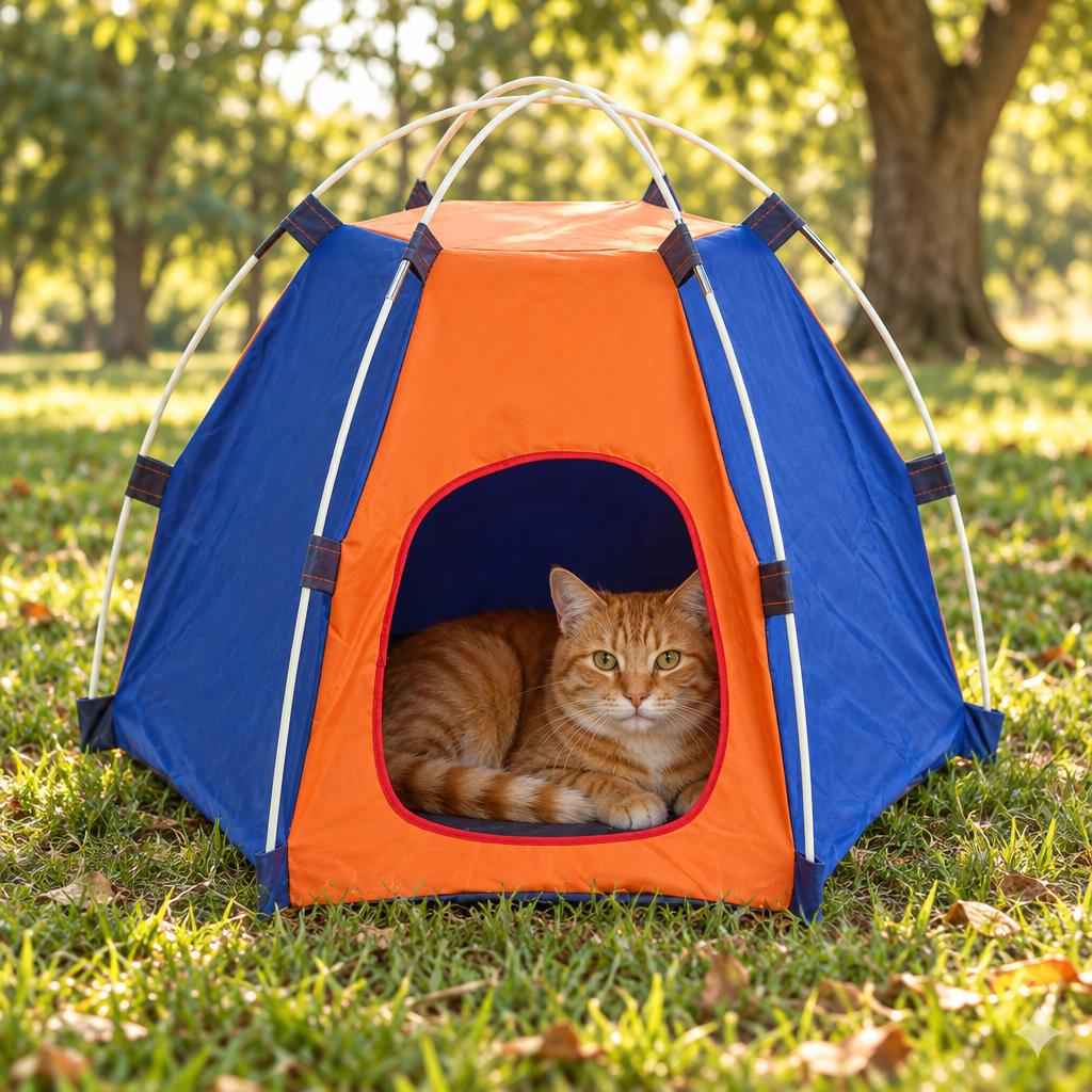 Cat relaxing in the pet tent in a park