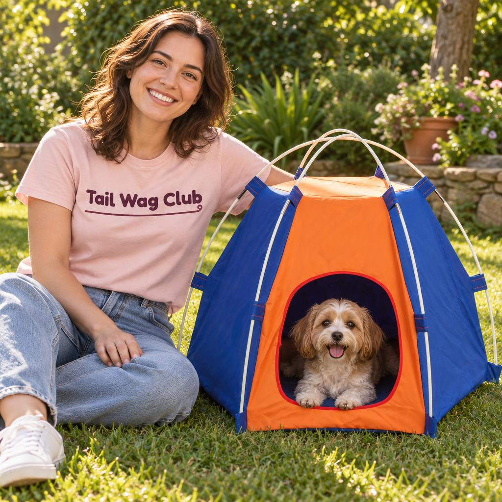 Woman in a Tail Wag Club t-shirt with her dog and the pet tent