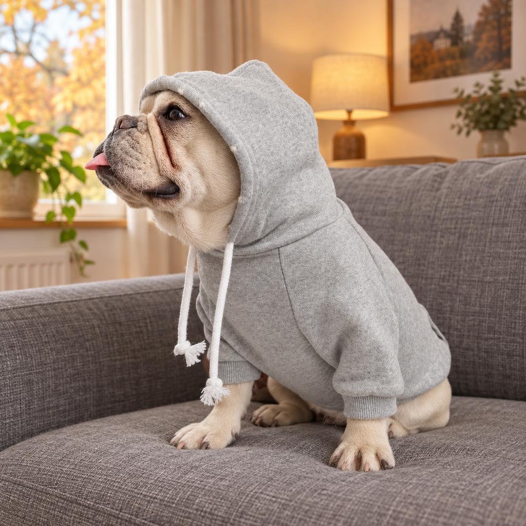 A cream French bulldog wearing the grey fleece dog hoodie with white drawstrings, sitting on a sofa