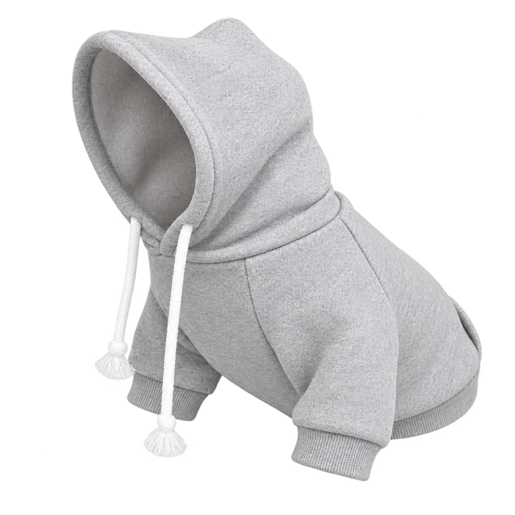 [packshot] Grey fleece dog hoodie with a hood and white drawstrings, three-quarter view