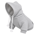 [packshot] Grey fleece dog hoodie with a hood and white drawstrings, three-quarter view