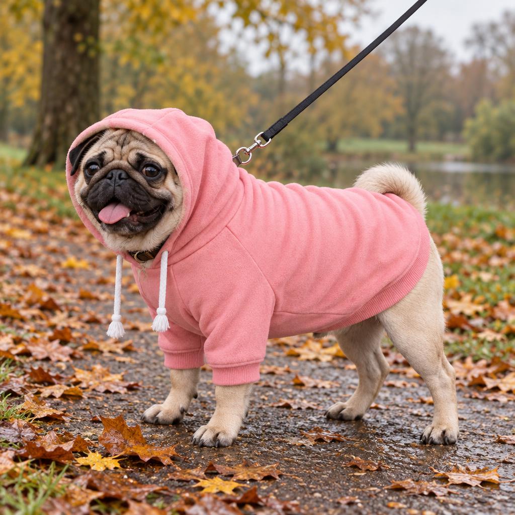 A pug wearing the pink fleece dog hoodie on an autumn walk in the park