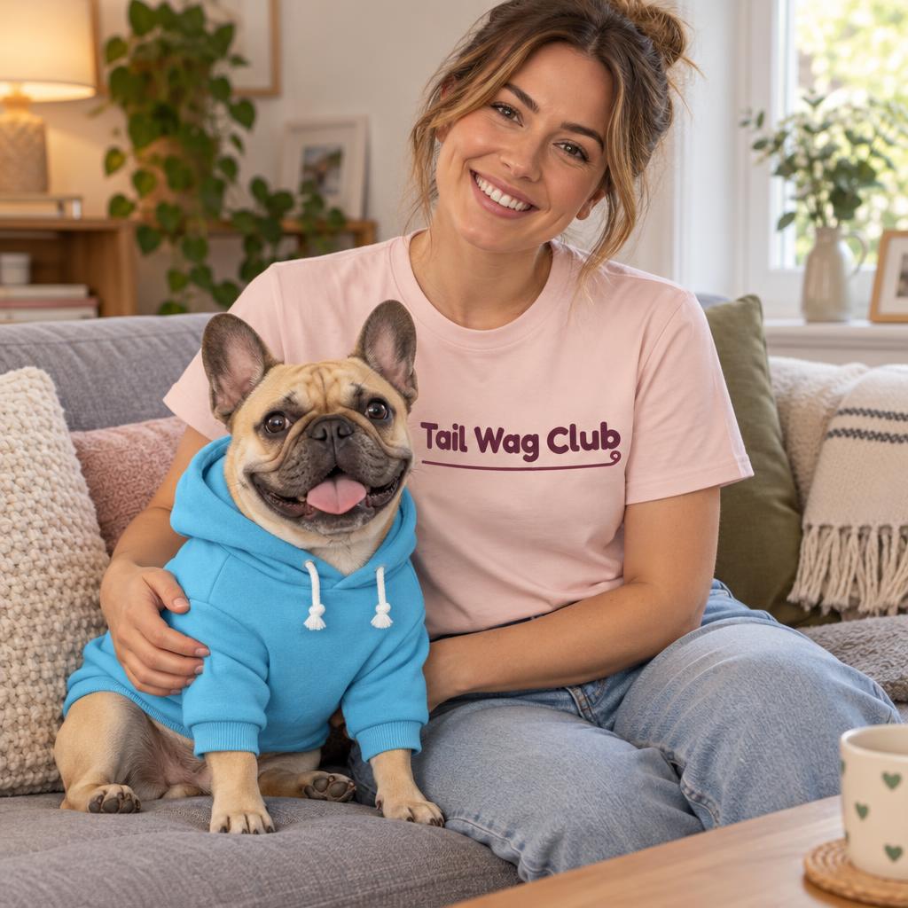 A person in a blush Tail Wag Club t-shirt cuddling a French bulldog wearing the blue fleece dog hoodie