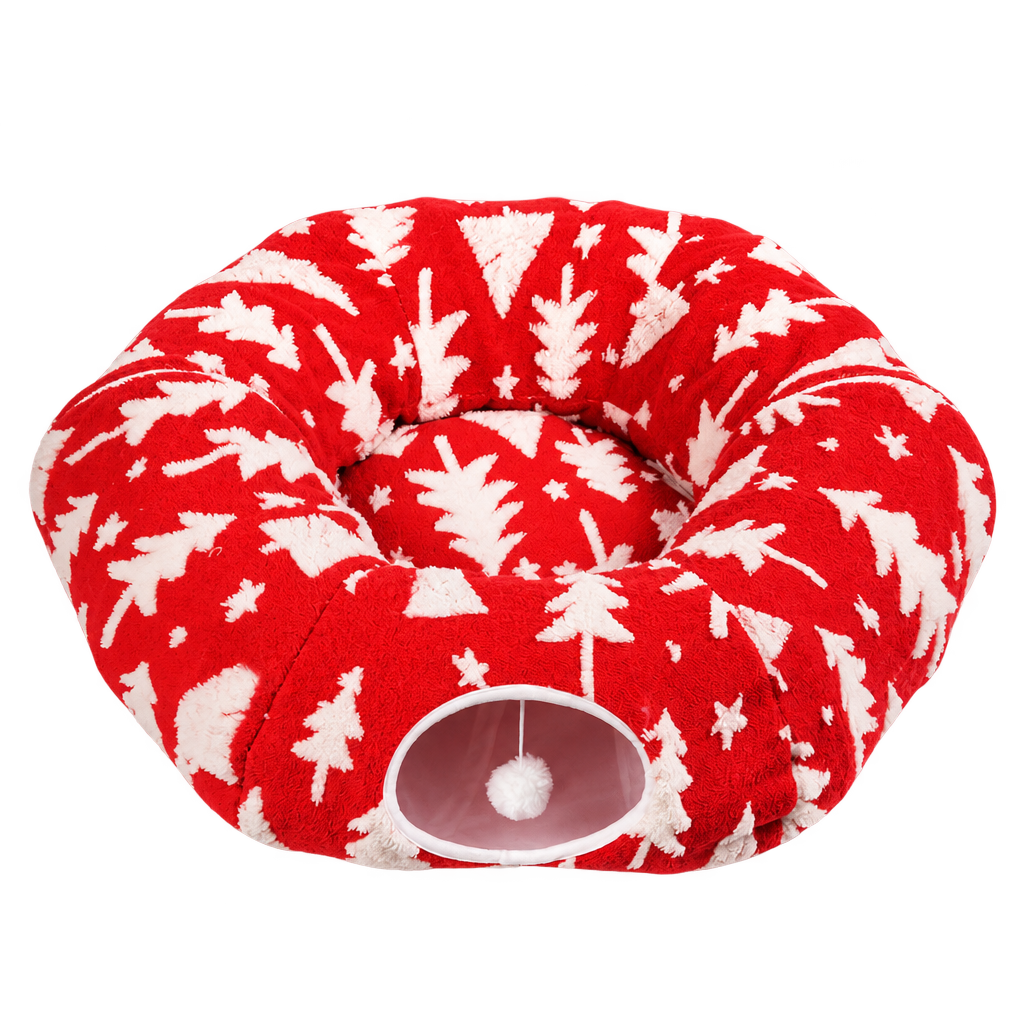 [packshot] Red Christmas-tree cat tunnel bed in its round donut shape, with the side entrance and white pom-pom ball