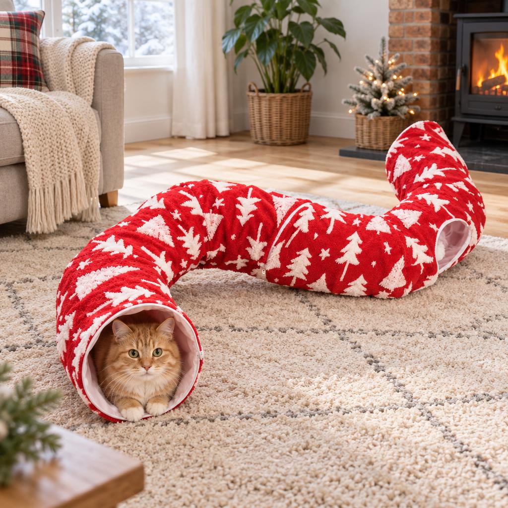 A ginger cat peeking out of the red Christmas-tree cat tunnel, opened out into a long tunnel on a rug