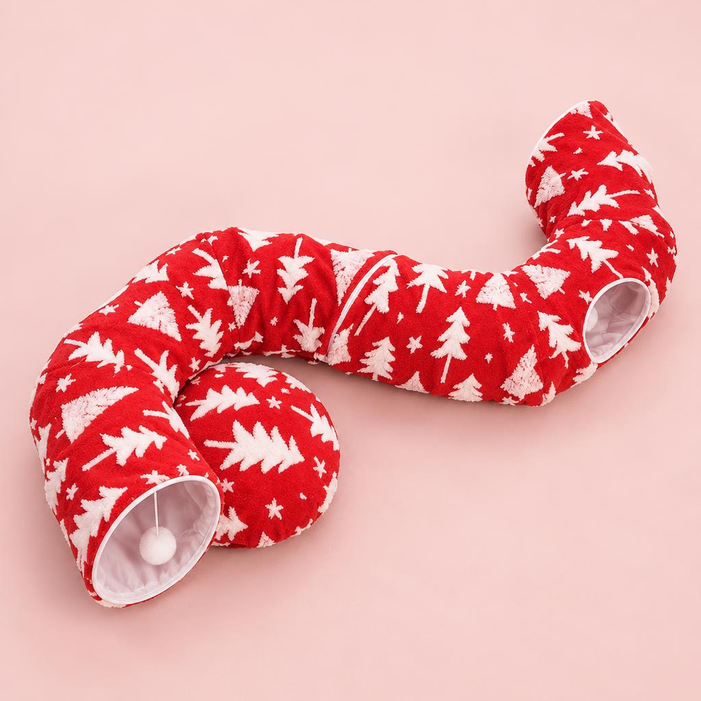 The red Christmas-tree cat tunnel opened out into a long S-shaped tunnel, seen from above