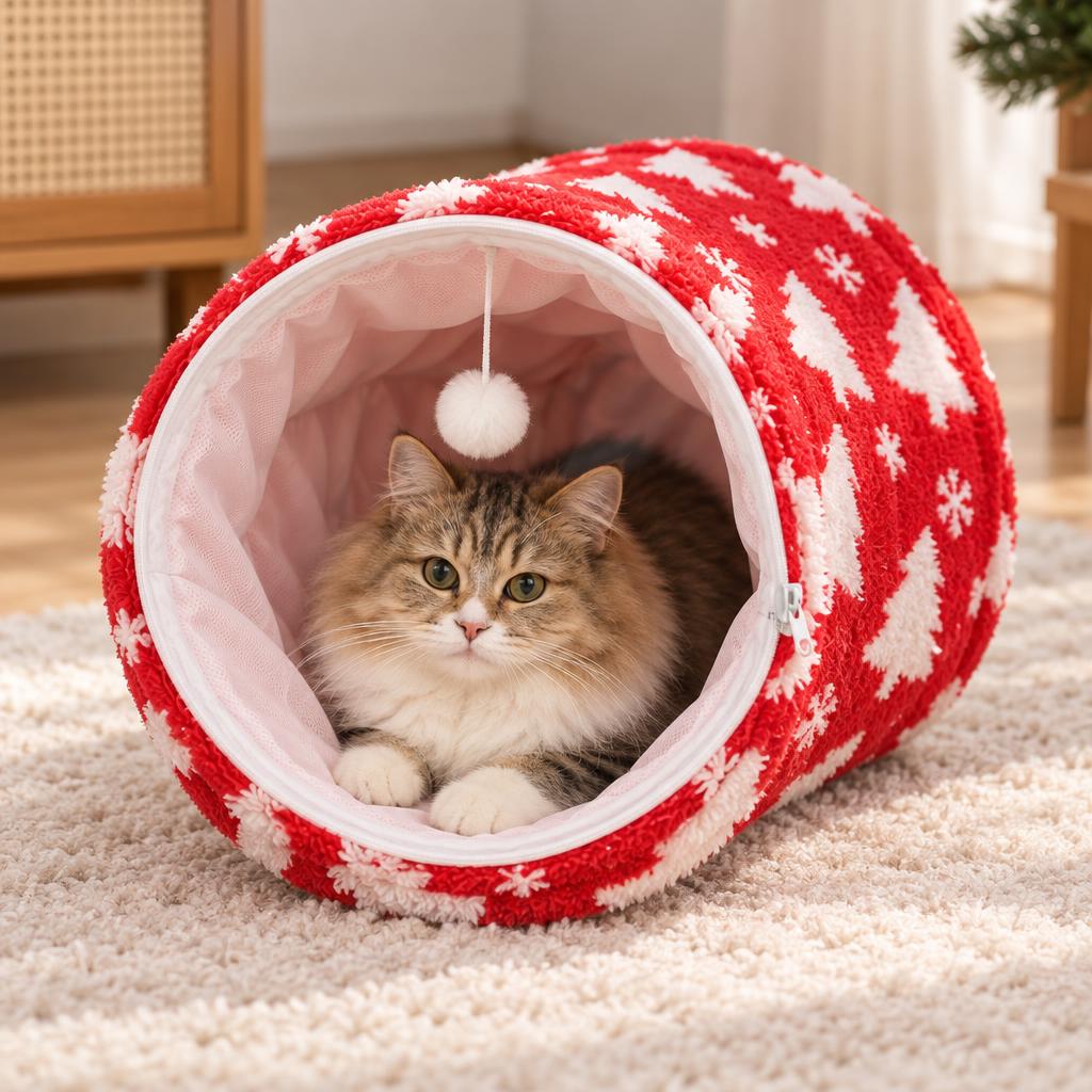A cat sitting in the 26cm tunnel opening, showing the pale lining and the white pom-pom ball hanging inside