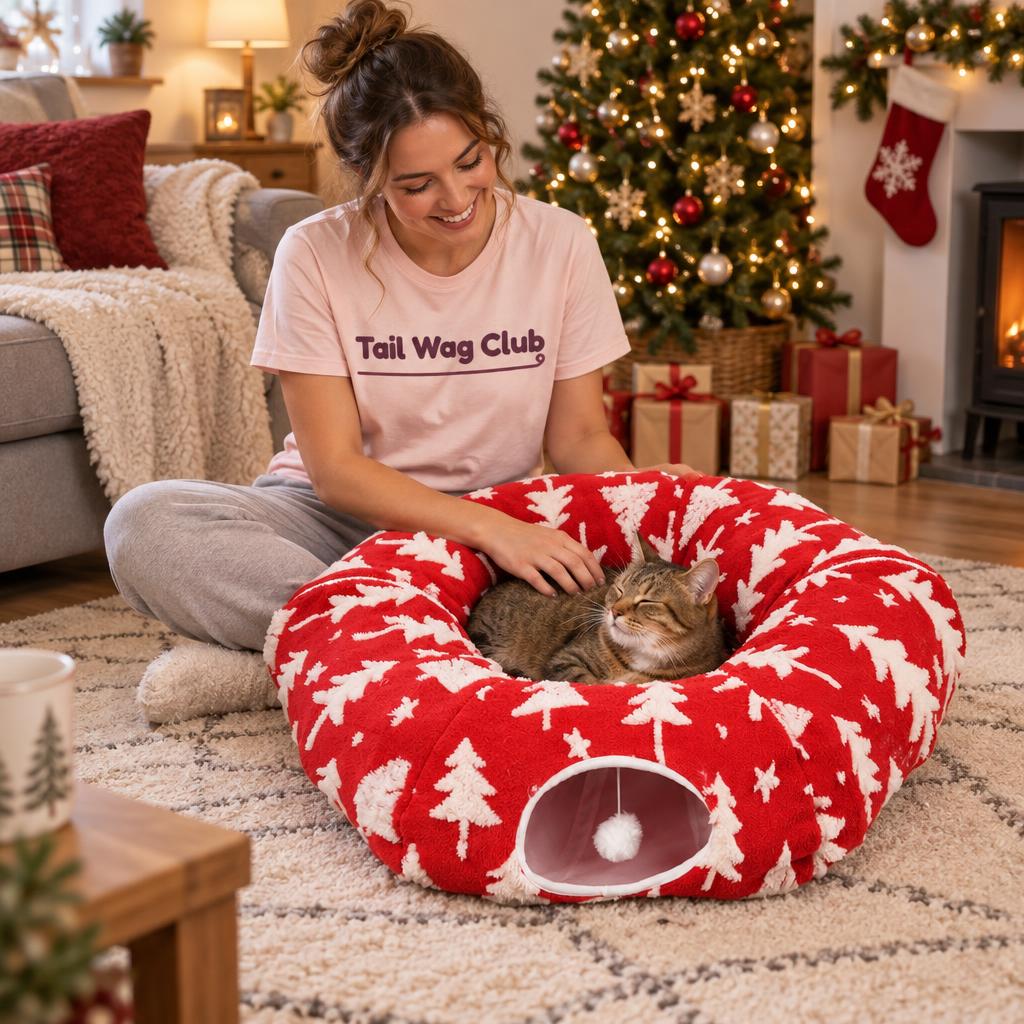A person in a blush Tail Wag Club t-shirt stroking a tabby cat lying in the red Christmas-tree tunnel bed